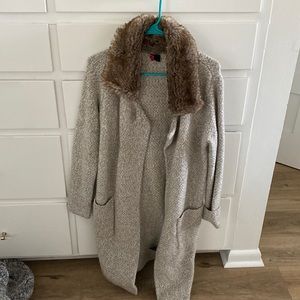 Love token long cardigan coat with fur collar